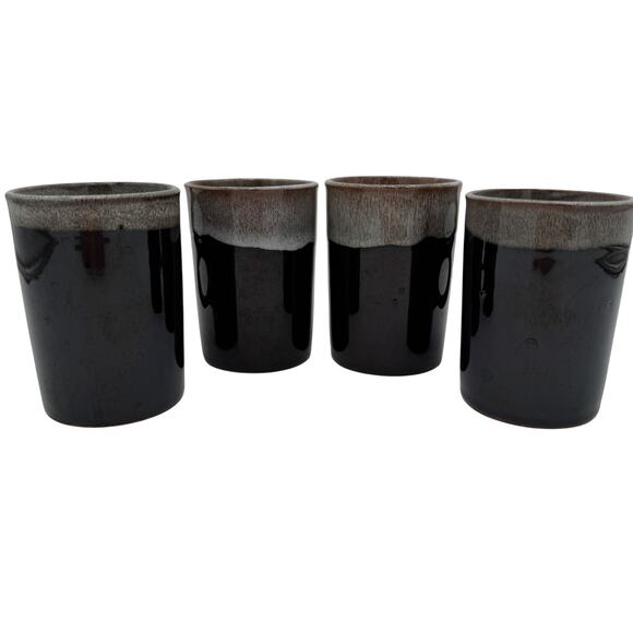 Vtg Japanese Coffee Mugs 2 Finger Drip Glaze Brown Stoneware Set of 4 - Picture 7 of 10